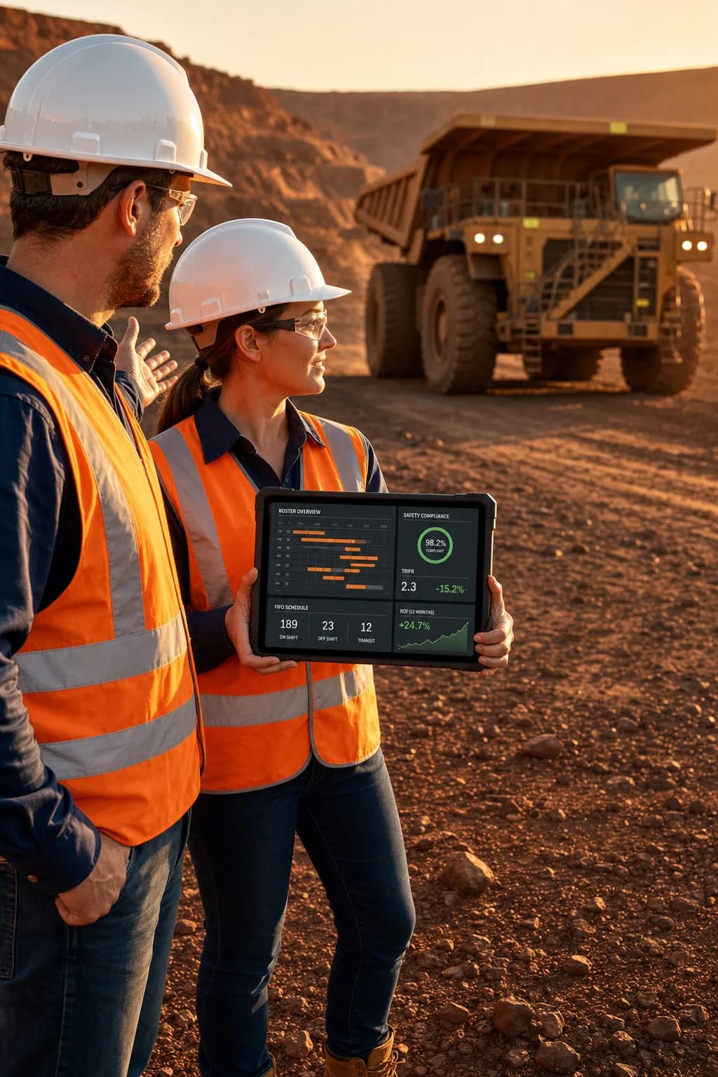 Two WA mining workers in hi-vis and hard hats reviewing a DrilLedger roster, safety and ROI dashboard on a tablet at an open-cut Pilbara site at golden hour